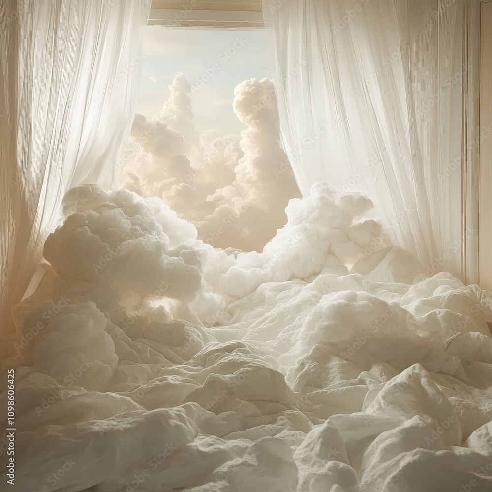 Poster a white room with a window and a curtain. the curtain is open, and the clouds outside are white. the