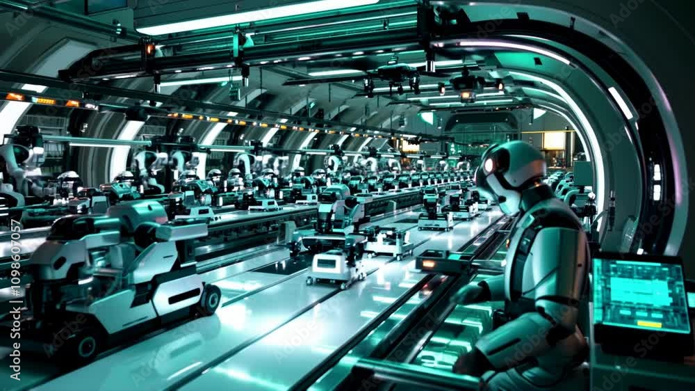 Poster a high-tech futuristic factory with robotic arms assembling components.