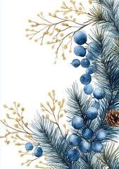 Watercolor painting of winter evergreen leaves, with a white background and blue berries and gold branches in the corners