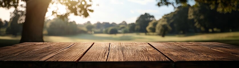 Obraz premium Natural wooden tabletop under a bright sky, overlooking a softly blurred park with trees and greenery, evoking a peaceful spring atmosphere
