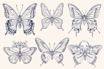 Collection of colorful butterfly illustrations hand-drawn with ink on a plain white background, ideal for editorial and design uses