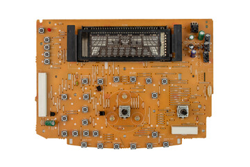 Microcircuit with radio parts close-up. Modern electronic industry.