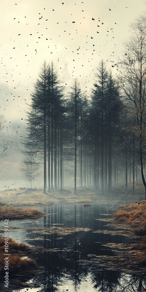 Poster a forest with a river running through it. the trees are tall and the sky is cloudy. there are many b
