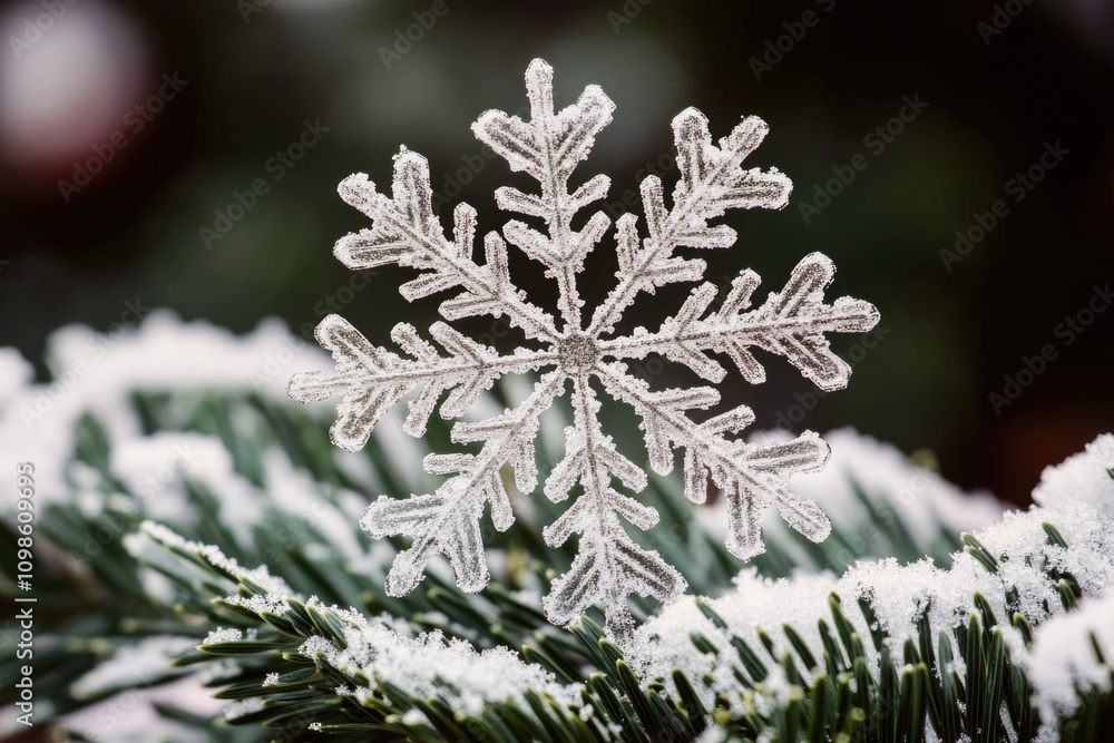 Poster close-up of a delicate snowflake on the branch of a pine tree