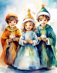 Fototapeta premium Three children in colorful robes and star-topped hats hold glowing orbs, set against a dreamy, watercolor background