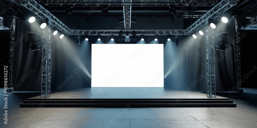 Poster empty stage with a bright white screen and professional lighting setup in a modern event venue, read