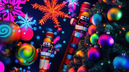 pop-art Christmas scene featuring bold, colorful ornaments, exaggerated nutcracker designs, and a neon Christmas tree