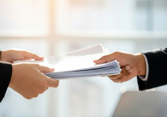 Two business people exchanging documents in office environment