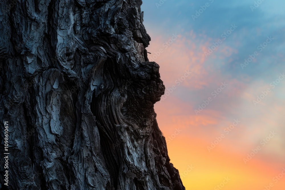 Poster close-up shot of a tree trunk with warm sunlight illuminating its texture and grain