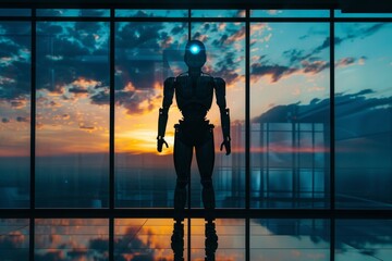 Fototapeta premium A humanoid robot stands silhouetted against a colorful sunset, framed by large glass windows in a contemporary building.