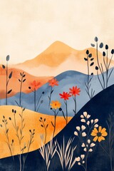 A painting of a mountain with a field of flowers. The flowers are yellow and red. The painting is in the style of a watercolor