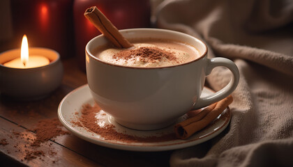 Fototapeta premium Artisanal hot chocolate decorated with whipped cream and cinnamon in warm candlelit setting