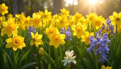 Obraz premium Spring Daffodils and Purple Hyacinths Illuminated by Golden Sunset Light in Natural Garden Setting 