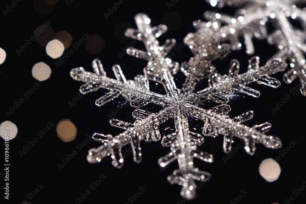Poster a detailed view of a single snowflake on a dark background, perfect for use in winter-themed designs