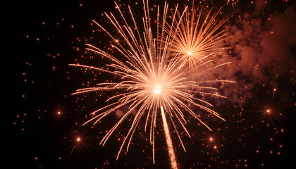 Spectacular Orange Fireworks Bursts Against Dark Night Sky