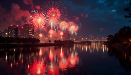Fototapeta premium Metropolitan Skyline with Vibrant Red and White Fireworks Reflected in Water