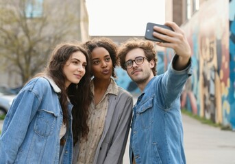 Three young students are taking a selfie together in an urban setting, capturing a moment of friendship