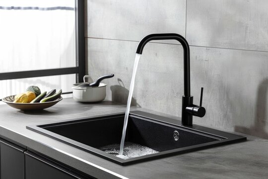 A close-up of a kitchen sink with water flowing from the faucet