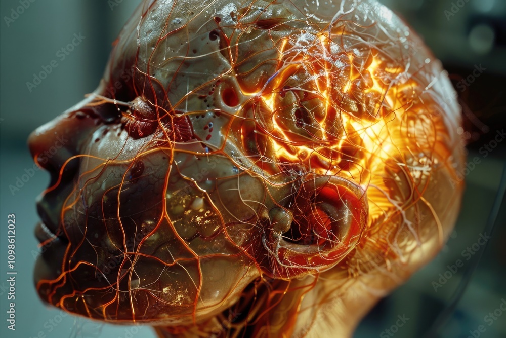 Poster a close-up view of a person's head covered in wires, often used for tech-related illustrations or co