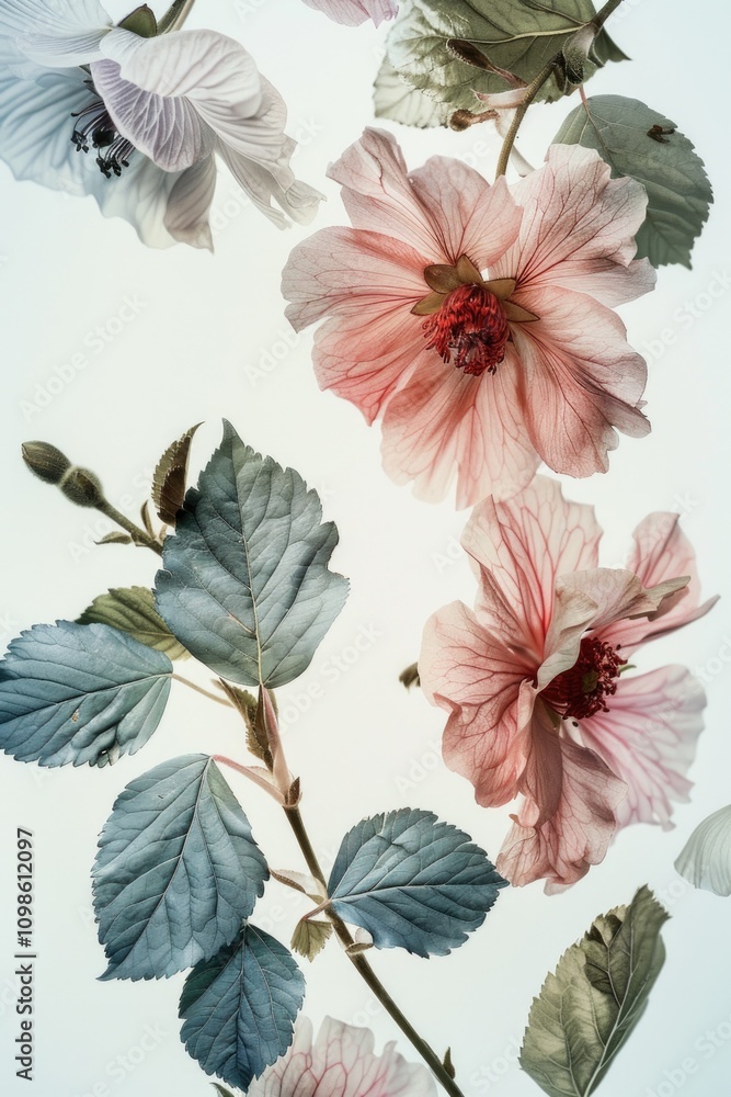 Poster a close-up view of a branch with multiple flowers, suitable for use in editorial or commercial conte