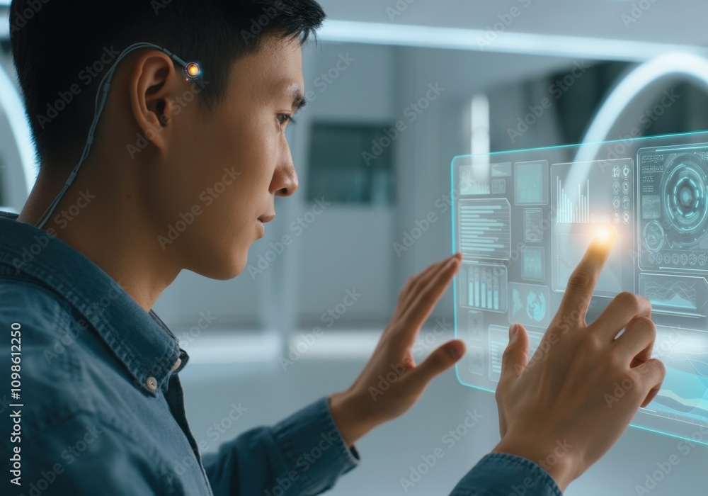 Poster asian scientist interacting with transparent futuristic screen using brain computer interface in mod