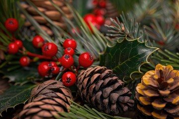 A cluster of pine cones featuring vibrant red berries, great for nature-inspired designs and illustrations