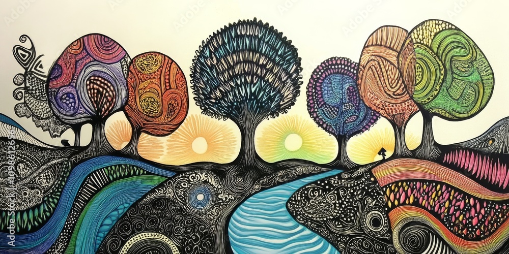 Poster a vivid abstract landscape featuring colorful trees and a flowing river, showcasing intricate patter