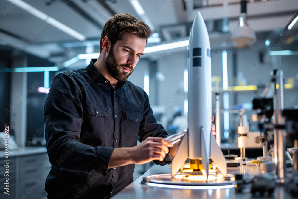 Poster an engineer expertly builds a rocket model in a high-tech lab filled with advanced equipment