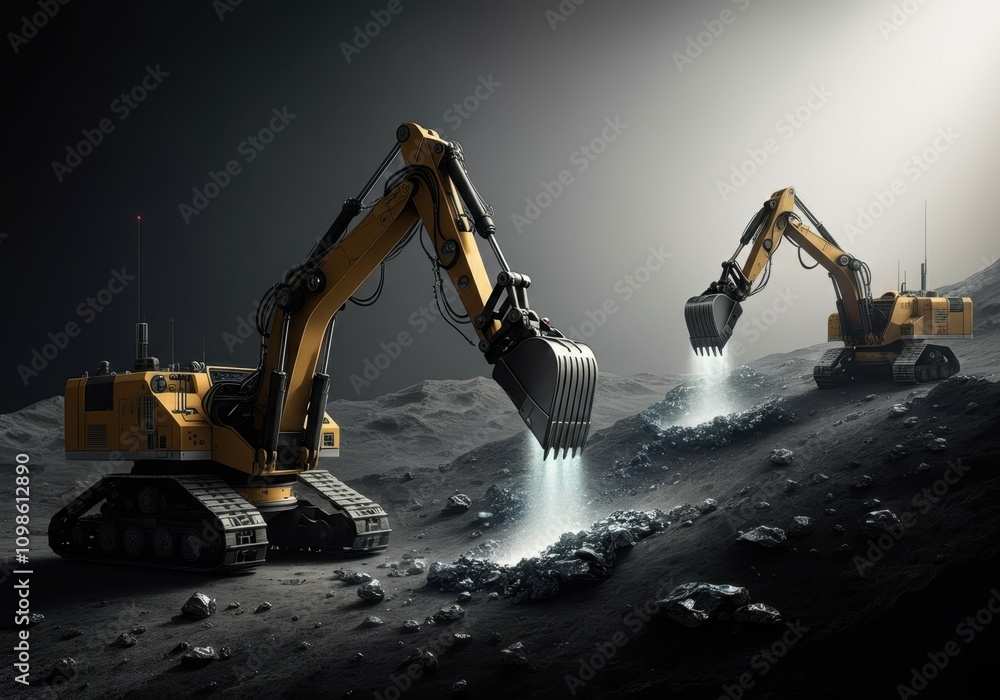 Poster powerful excavators working on the moon, extracting valuable resources in a futuristic mining operat