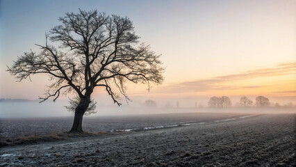 Solitary tree at sunrise on a frosty field. Lonely tree in misty morning field. 