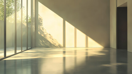 Fototapeta premium Minimalist modern interior: sunlight streams through large windows in a contemporary room, bathing the polished concrete floor in soft, luminous light. Minimalism. Illustration