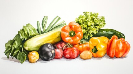 Vibrant watercolor painting of assorted fresh vegetables like peppers, zucchini, and kale, showcasing natural colors and textures.