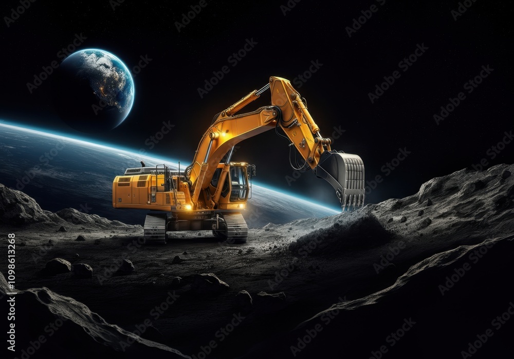 Poster excavator digging on the surface of the moon with planet earth visible in the background