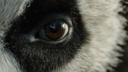 Close-up of a panda eye, with its distinctive black fur patch framing the gentle, dark gaze.