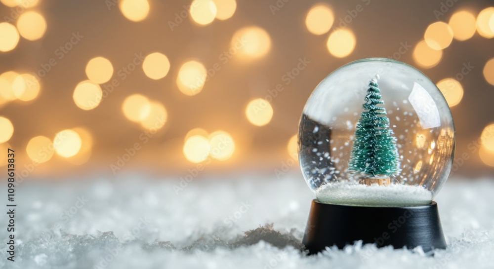 Poster snow globe with christmas tree on snowy surface with golden bokeh background creating magical christ