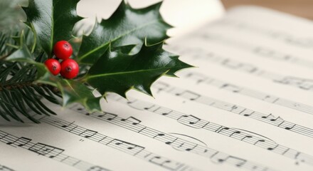 Sprig of holly with berries lies on sheet music, evoking christmas carols and festive spirit