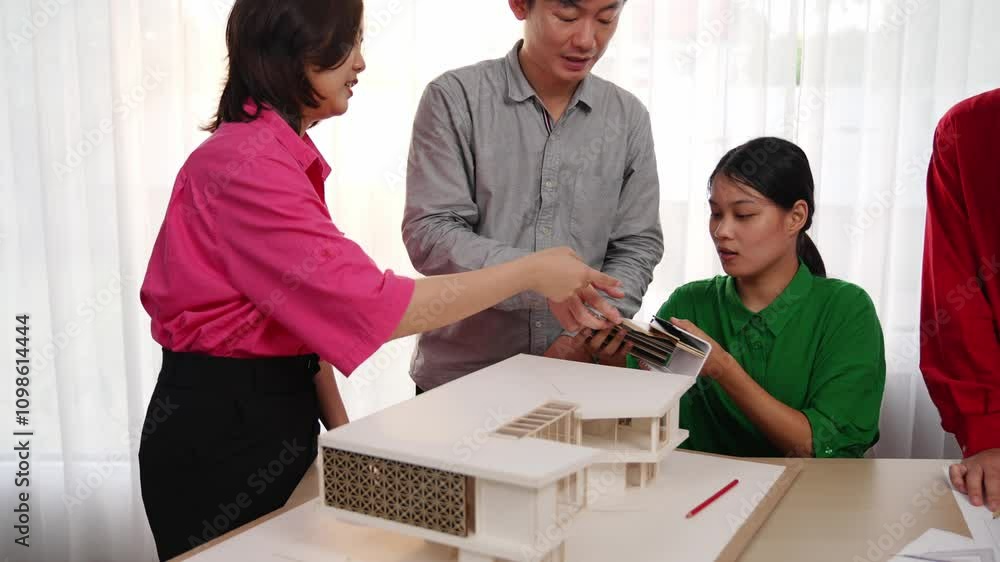 Poster slow motion home designer using architectural equipment draw a blueprint while interior designer sel