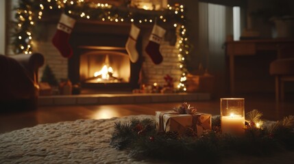 Obraz premium decorated Christmas mantlepiece with glowing stockings, a garland of evergreen branches and fairy lights, and a roaring fire, 