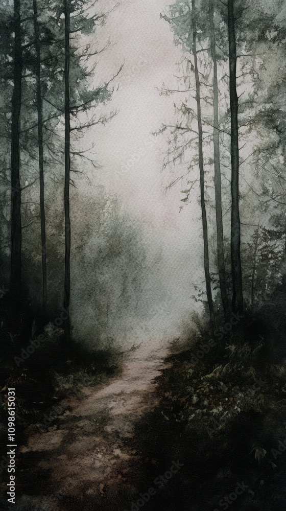 Poster a painting of a forest path with trees in the background. the mood of the painting is dark and myste