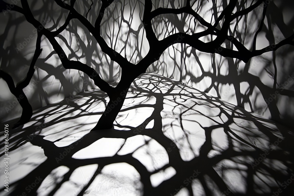 Poster black and white photo of tree branch shadows forming an intricate pattern on a white wall, creating 