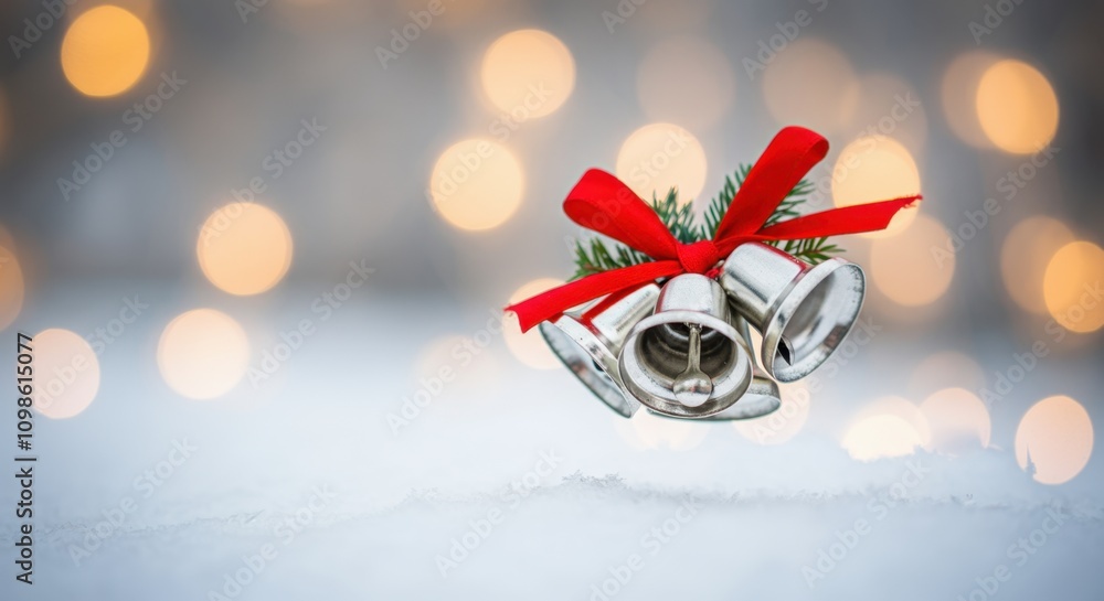 Aufkleber silver jingle bells with red ribbon and fir branch on snowy background with bokeh lights create fest