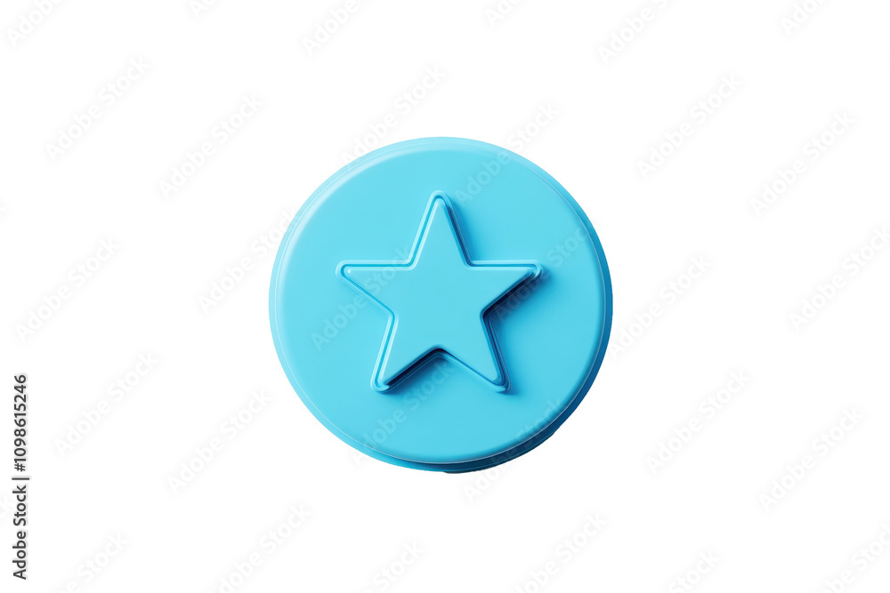 Poster a vibrant blue button featuring a star shape for user interface design. transparent background.