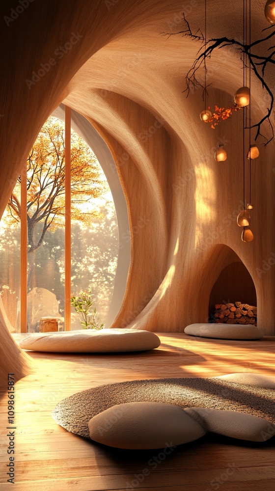 Poster a room with a large window and a fireplace. the room is filled with light and warmth, creating a coz