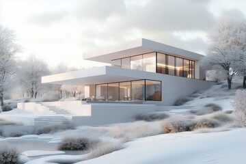 3D rendering of a modern house with blueprints and a landscape in the background