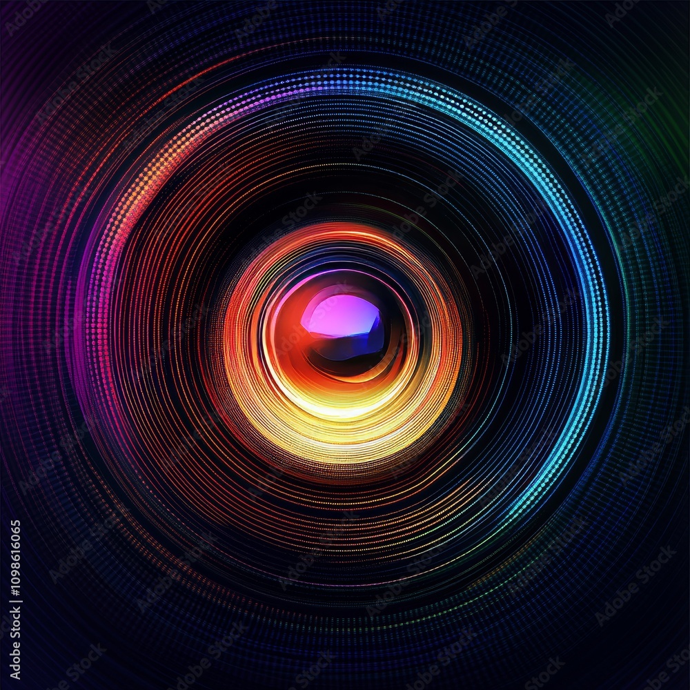 Poster a stunning abstract digital art piece featuring vibrant circular patterns and dynamic light effects,