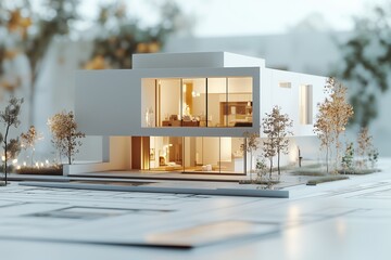 3D rendering of a modern house plan with a white building and blueprints in the background