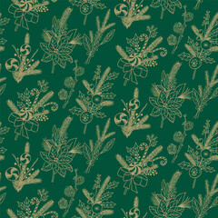 Fototapeta premium Seamless hand drawn Christmas pattern with golden line art of winter florals on green background. Perfect for wrapping paper, textiles, and festive designs. Vector contour doodle illustration