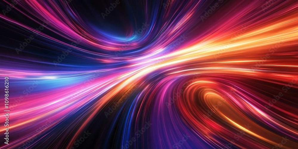 Poster colorful abstract light trails forming dynamic patterns, perfect for technology and digital themes.