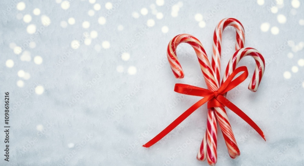 Aufkleber three candy canes tied with red ribbon are laying on snow with sparkling bokeh lights, creating a fe