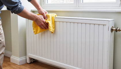 Person cleaning white radiator with yellow cloth, focused task, indoor home maintenance 